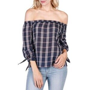 Paige Antonia Plaid Off Shoulder Top Blouse Red White Blue Size XS Light Cotton